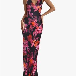 Floral Maxi Dress - Black, Orange & Pink